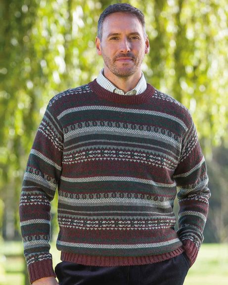 Mens Burgundy Shetland Wool Jumpers Fairisle Crew Neck Sweater